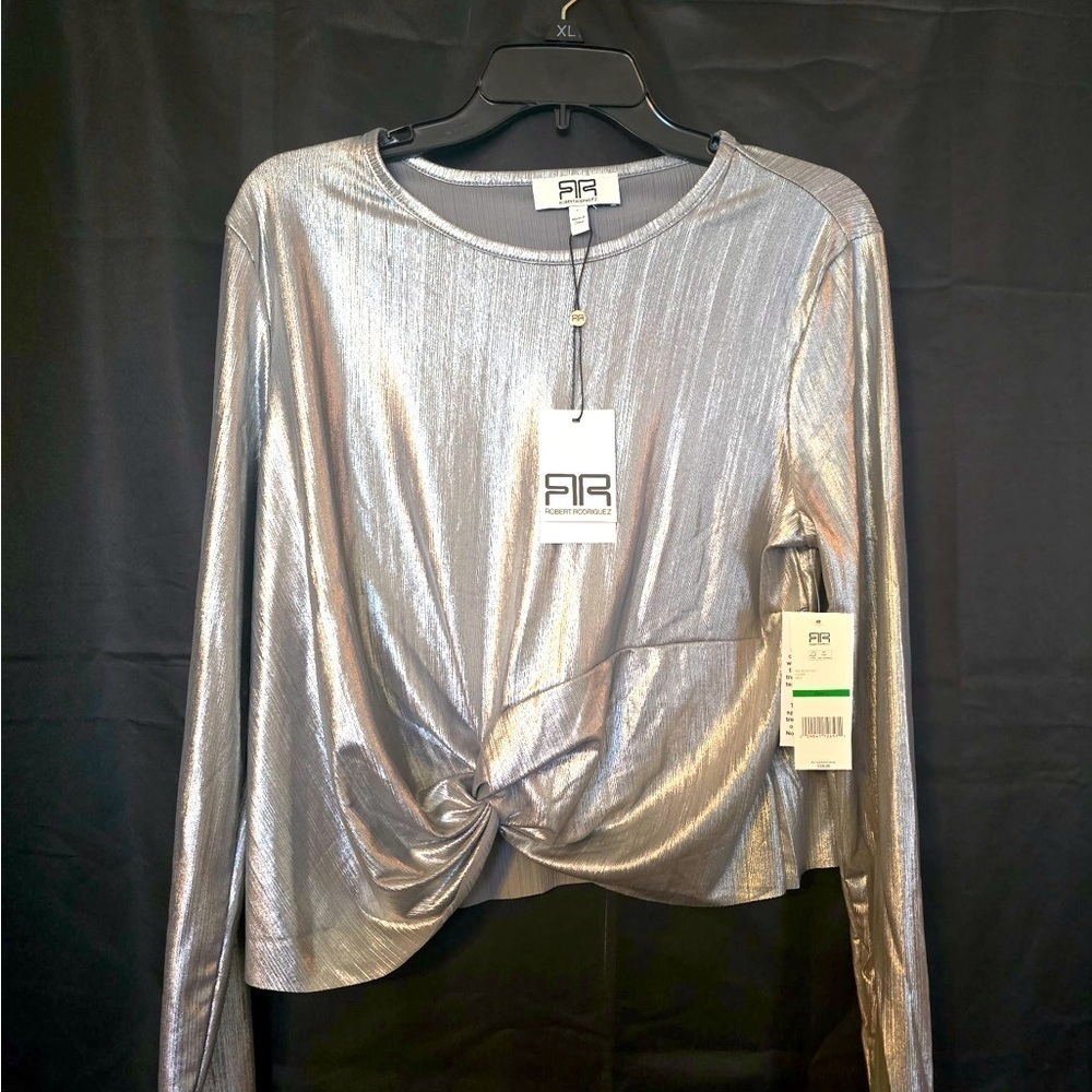 Robert Rodriguez NEO Twist Front Top Sz Medium Silver Metallic Long Sleeve NEW